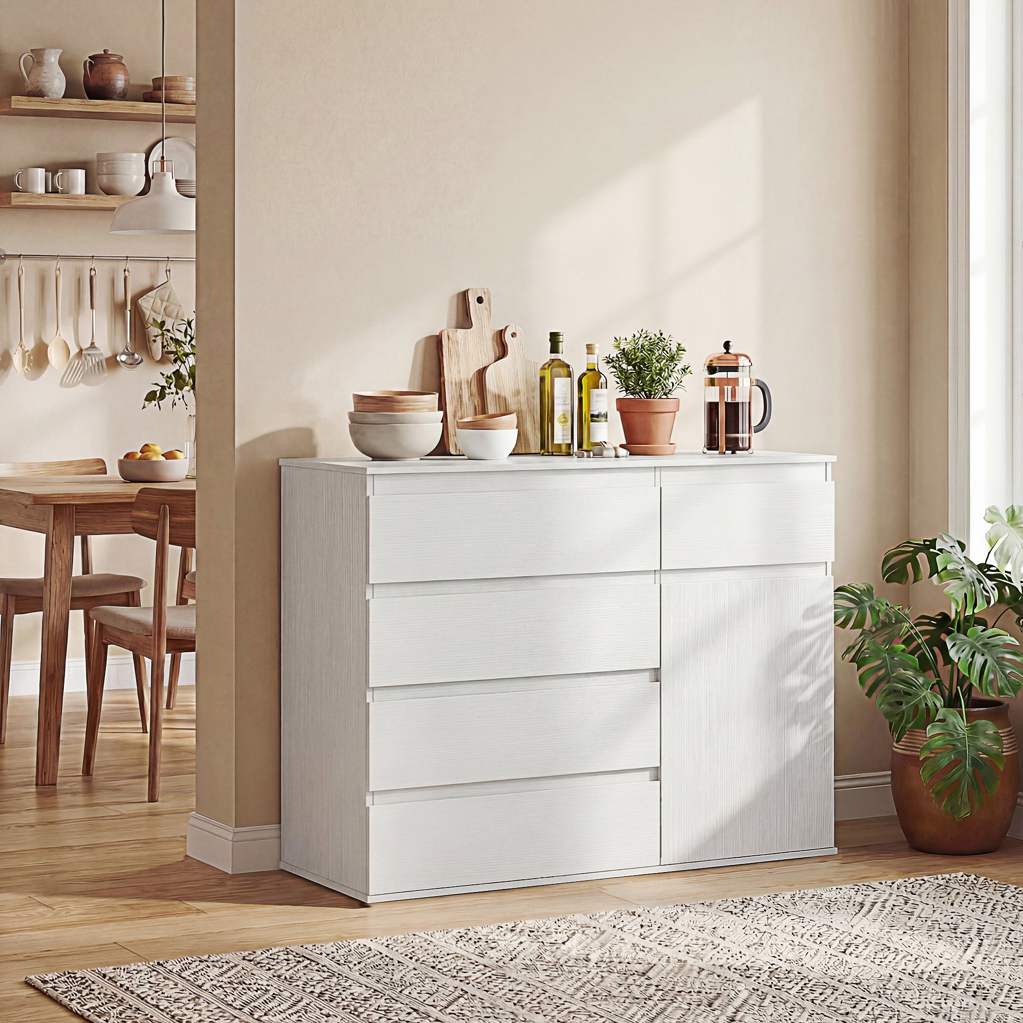 HOMCOM Modern Chest Of Drawers, 5 Drawer Dresser with Adjustable Shelf, Soft-Close Door, White 