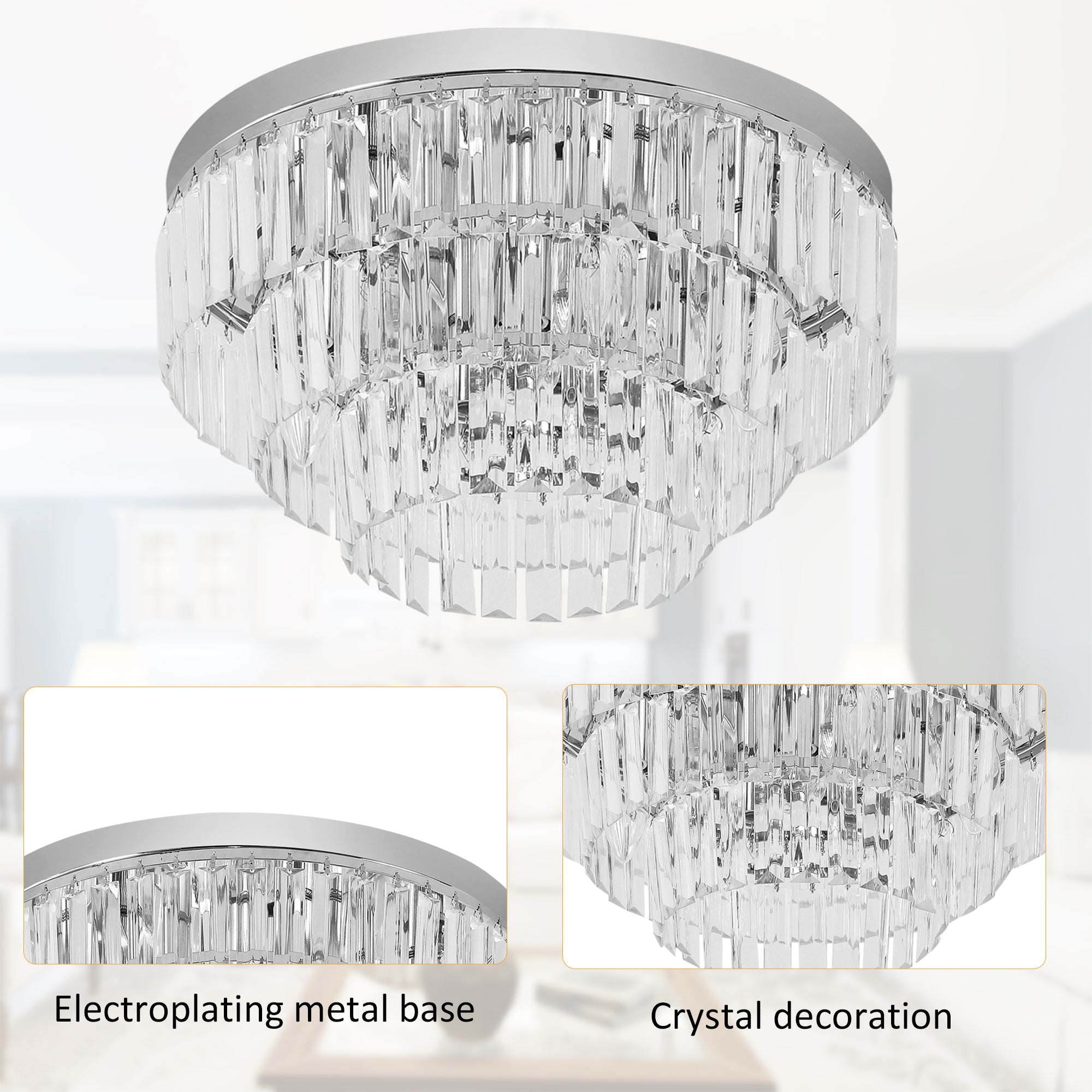HOMCOM Round Crystal Ceiling Lamp 7 Lights Chandelier Mounted Fixture For Living Room Dining Room Hallway Modern 