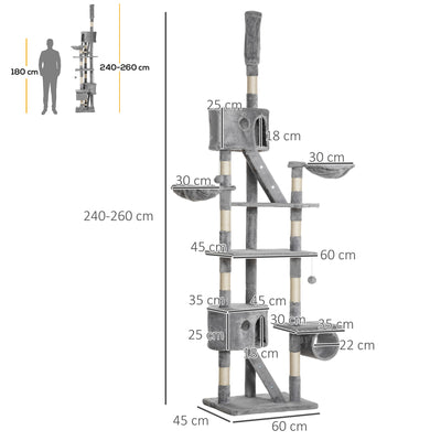PawHut Floor to Ceiling Cat Tree for Indoor Cats, 240-260cm, Adjustable Height - Light Grey 