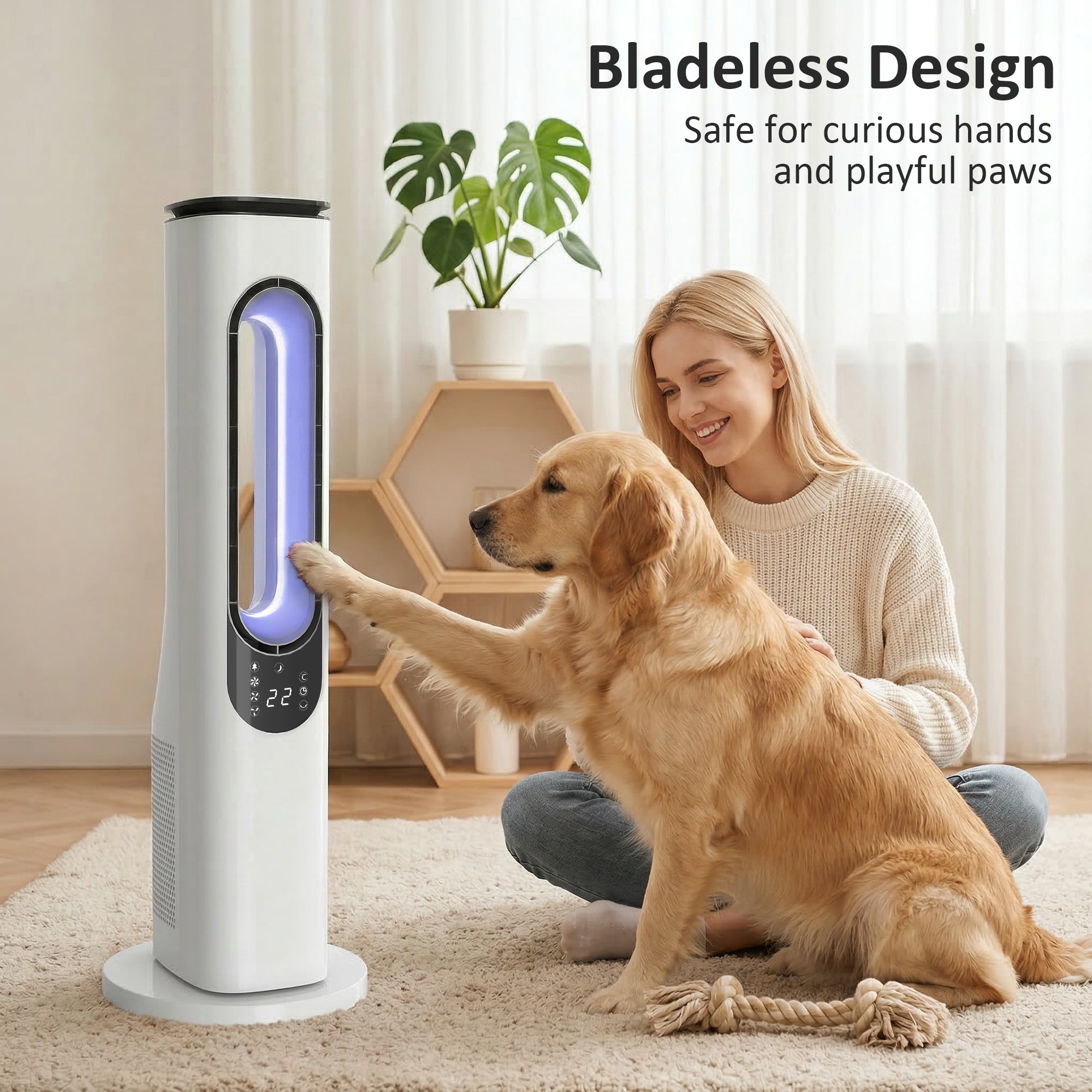 HOMCOM Bladeless Tower Fan for Bedroom, 35dB Standing Cooling Fan with Oscillating, LED Lights, 3 Speeds, 15H Timer, White 