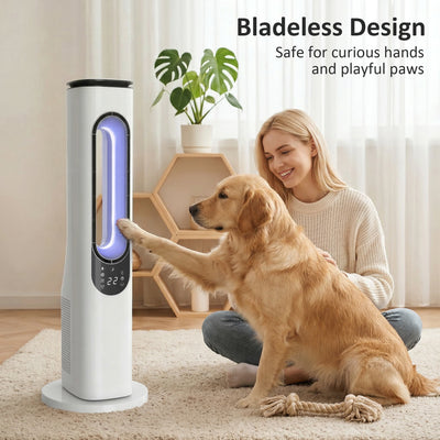 HOMCOM Bladeless Tower Fan for Bedroom, 35dB Standing Cooling Fan with Oscillating, LED Lights, 3 Speeds, 15H Timer, White 