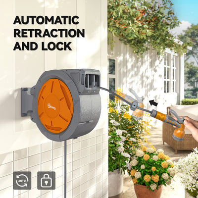 Outsunny Retractable Hose Reel Wall Mounted, 30+2m Garden Hose Pipe Reel with Lock, Auto Rewind, 7 in 1 Spray Nozzle, Includes Wall Fixings, 180° Swivel, Outdoor Watering, Orange 