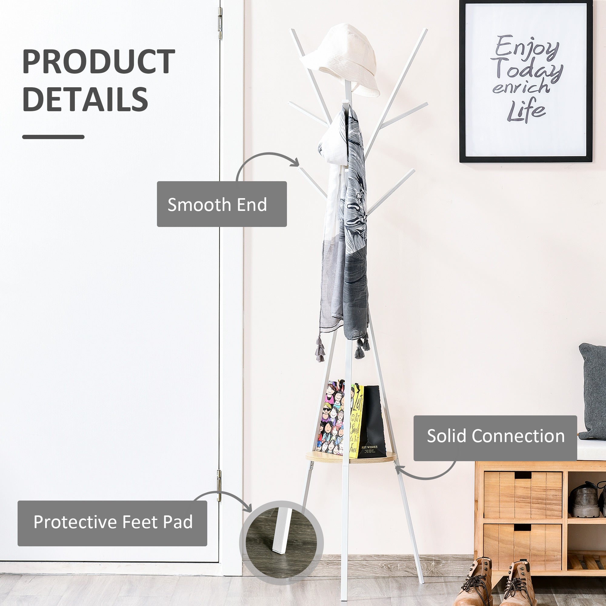 HOMCOM Freestanding Metal Coat Rack Stand 9 Hooks Clothes Tree with 1 Shelf Hat Display Hall Tree Hanger Bag Umbrella Hanging Organiser White 