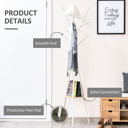 HOMCOM Freestanding Metal Coat Rack Stand 9 Hooks Clothes Tree with 1 Shelf Hat Display Hall Tree Hanger Bag Umbrella Hanging Organiser White 