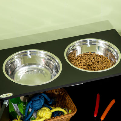 PawHut Raised Pet Feeder, with Two Bowls, Storage - Black 
