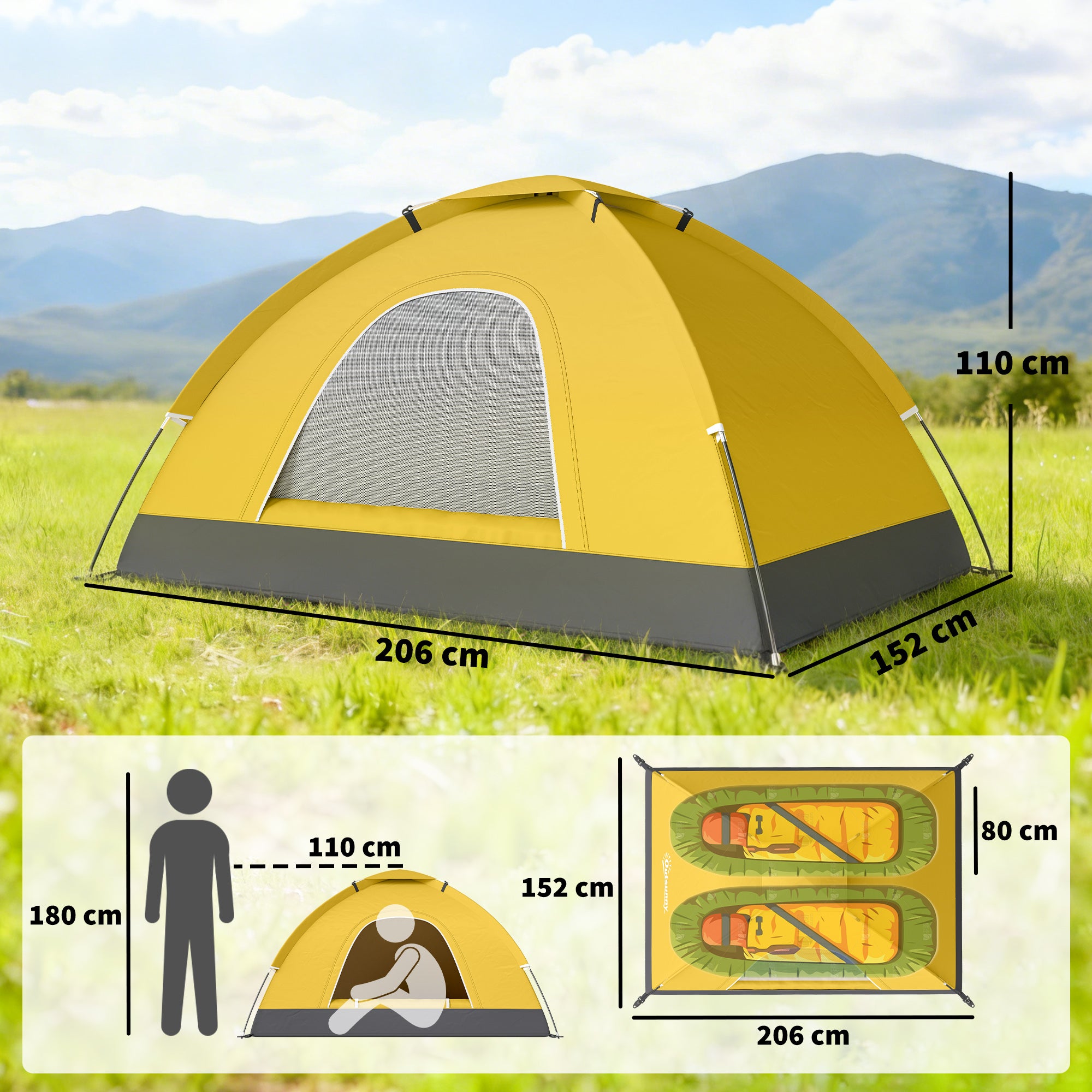 Outsunny 2 Person Camping Tent, Dome Tent with Zipped Doors, Storage Pocket, Portable Handy Bag, Yellow 