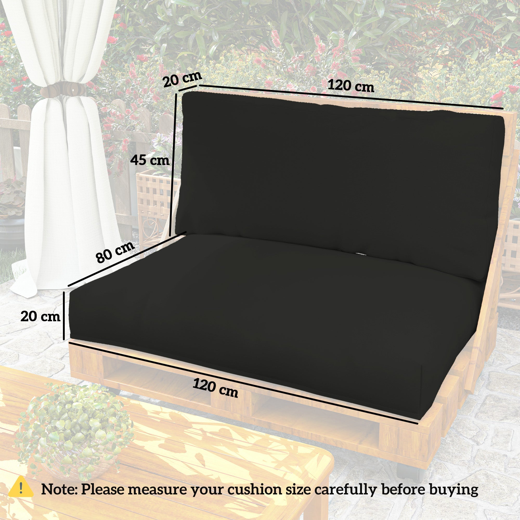 Outsunny 2 Seater Pallet Furniture Cushions Pallet Cushions, UPF20+ 220gsm Fabric, 20 cm Thick Outdoor Seat Pads, Black 