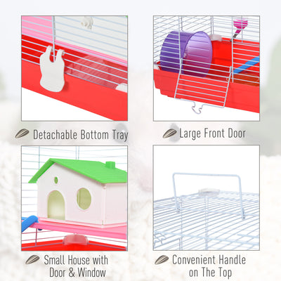 PawHut Hamster Cage, Small Gerbil Cage 2 Tiers Portable w/ Handle, Exercise Wheel, Water Bottle, Dishes 