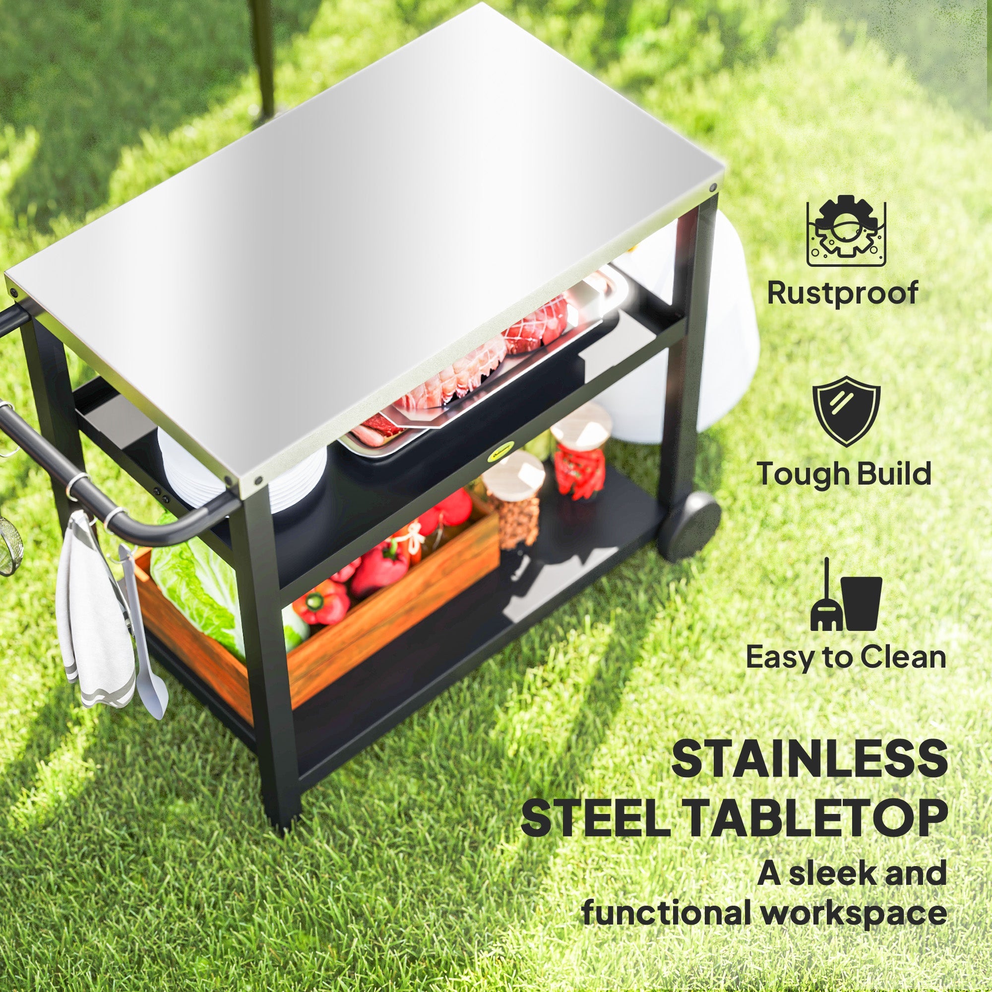 Outsunny Outdoor Grill Dining Cart 3-Shelf Movable Pizza Oven Table Stand with Stainless Steel Top, Portable BBQ Trolley Food Prep Outdoor Kitchen BBQ Station with Hooks Wheels Handle, Charcoal Grey 