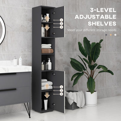 kleankin 183cm Tall Bathroom Cabinet, Narrow Bathroom Storage Cabinet with Open Shelves, 2 Doors Cabinets, Adjustable Shelves and Soft Close Mechanism, Grey 