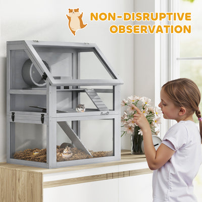 PawHut Wooden Hamster Cage with Detachable 32cm Deep Bottom, Hut, Seesaw, Exercise Wheel, Ramp, 60 x 40 x 75cm, Light Grey 
