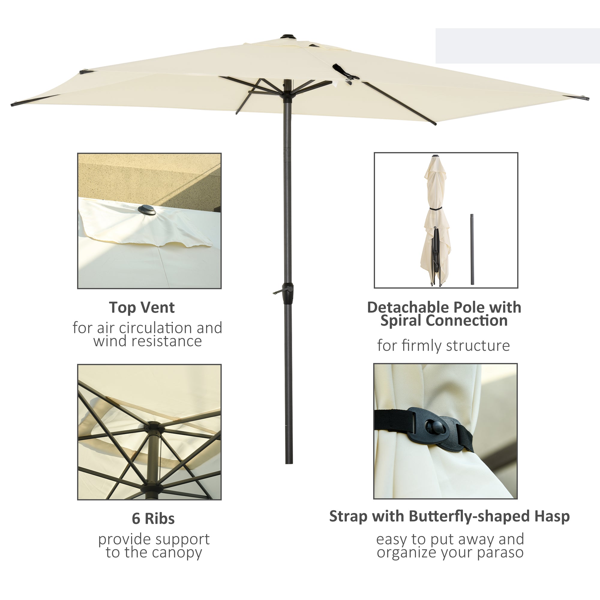 Outsunny 3 x 2m Garden Parasol Umbrella, Outdoor Market Table Umbrella with Aluminium Pole & Crank, Rectangular Tilting Parasol Sun Shade Canopy, Beige 