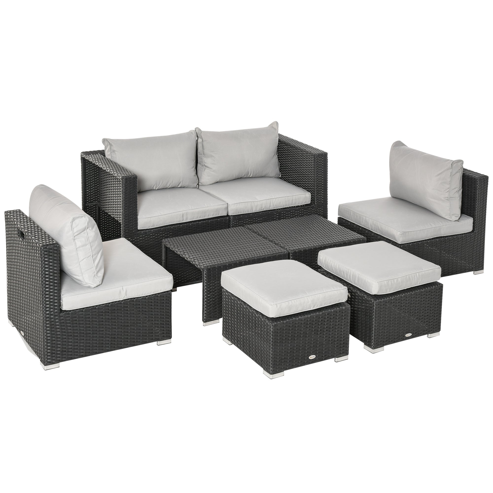 Outsunny 8 Pieces PE Rattan Sofa Set with Cushions, Garden Corner Sofa with 4 Seater Sofa, 2 Footstools and 2 Coffee Table Set, Space-saving Design, No Assembly Required, Black 