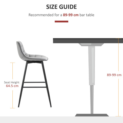 HOMCOM Set of 2 Bar Stools Velvet-Touch Dining Chairs Kitchen Counter Chairs    Fabric Upholstered seat with Metal Legs, Backrest, Grey 