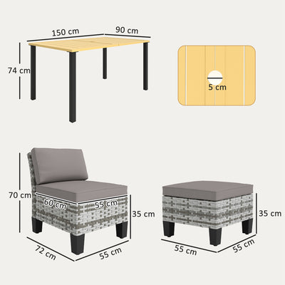 Outsunny 7-Piece Rattan Garden Dining Set, 6 Seater Wicker Garden Furniture Set with Seat and Back Cushions, Umbrella Hole, Patio Table and Chairs with Slatted Metal Top Table for Balcony, Grey 