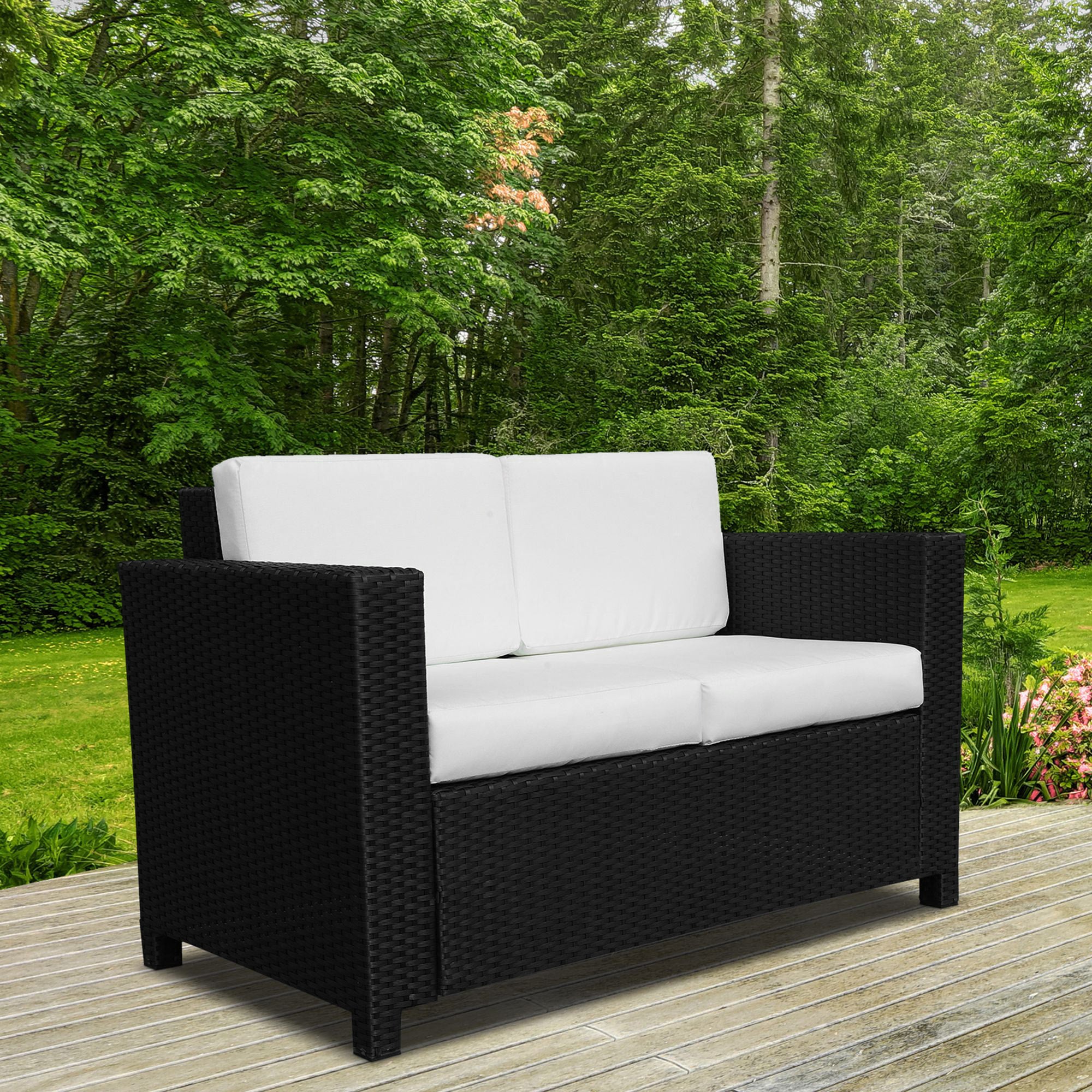 Outsunny 2 Seater Rattan Sofa with Soft Padded Cushion, All-Weather PE Wicker Weave Garden Loveseat with Armrests, Black 