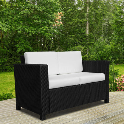 Outsunny 2 Seater Rattan Sofa with Soft Padded Cushion, All-Weather PE Wicker Weave Garden Loveseat with Armrests, Black 