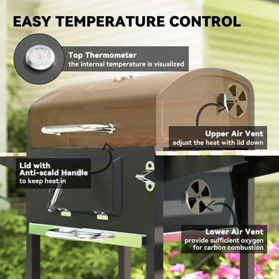 Outsunny Charcoal BBQ Grill with Height Adjustable Charcoal Pan, Portable Barbecue Smoker with Warming Rack, 3 Shelves, Temperature Gauge, Wheels, Bottle Opener for Outdoor Cooking Garden Party 