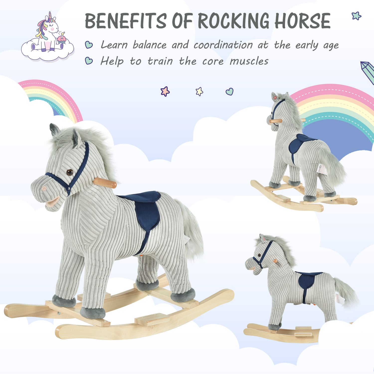 HOMCOM Kids Plush Rocking Horse w/ Sound Children Rocker Ride On Toy Gift 3-6 Years Grey 