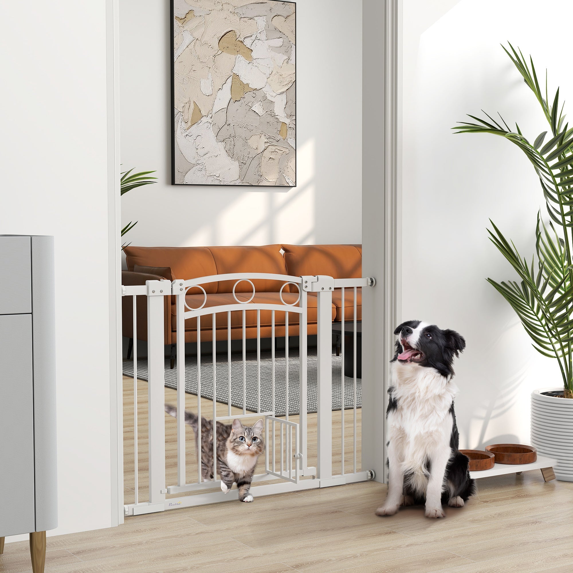 PawHut 77cm Tall Dog Gate with Cat Door, 7cm and 14cm Extensions, for Stairs, Doorways, 76-104cm Width 