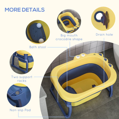 HOMCOM Baby Bathtub for 0-6 Years Collapsible Non-Slip Portable with Stool Seat for Newborns Infants Toddlers Kids - Yellow 