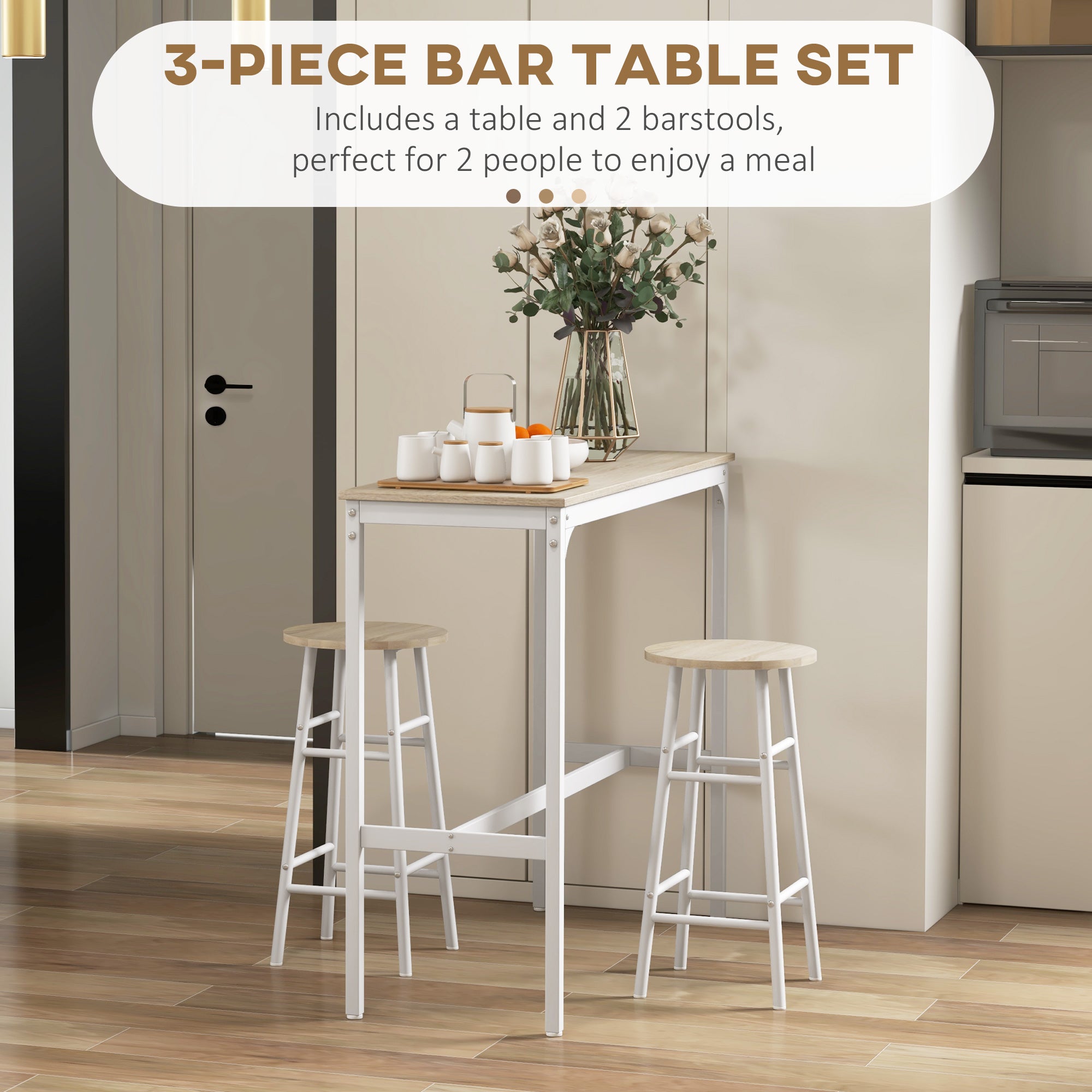 HOMCOM 3 Piece Bar Table Set with 2 Stools, Industrial Bar Table and Stool, Dining Table and Chair, Oak 