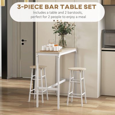 HOMCOM 3 Piece Bar Table Set with 2 Stools, Industrial Bar Table and Stool, Dining Table and Chair, Oak 
