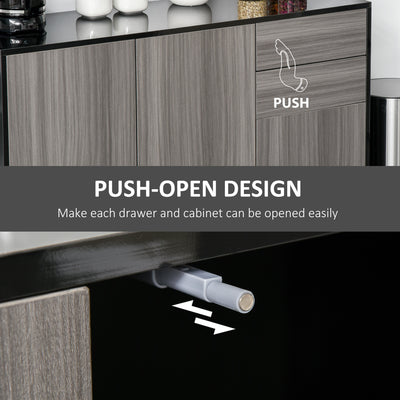 HOMCOM High Gloss Side Cabinet, Push-Open Design with 2 Drawers and 2 Cabinets for Living Room, 74H x 117W x 36Dcm, Light Grey and Black 