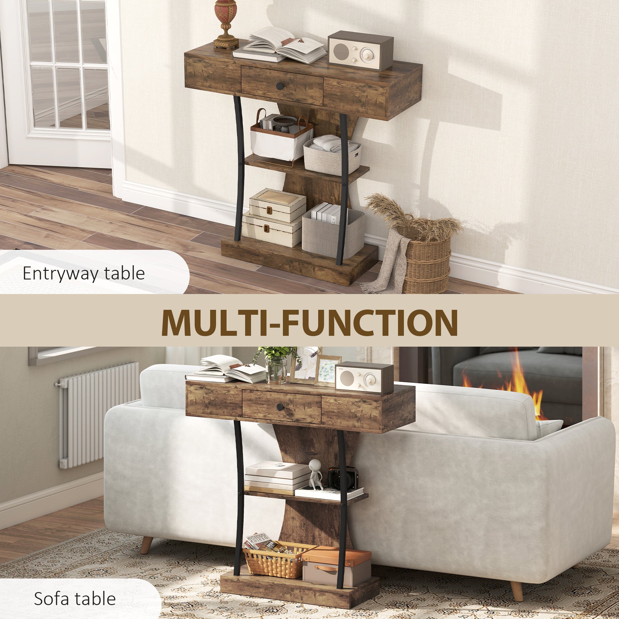 HOMCOM Console Table, 3-Tier Industrial Hallway Table with Drawer, Storage Shelves, 91 x 32 x 87 cm, Rustic Brown 