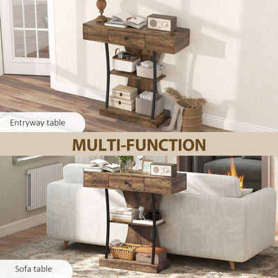 HOMCOM Console Table, 3-Tier Industrial Hallway Table with Drawer, Storage Shelves, 91 x 32 x 87 cm, Rustic Brown 