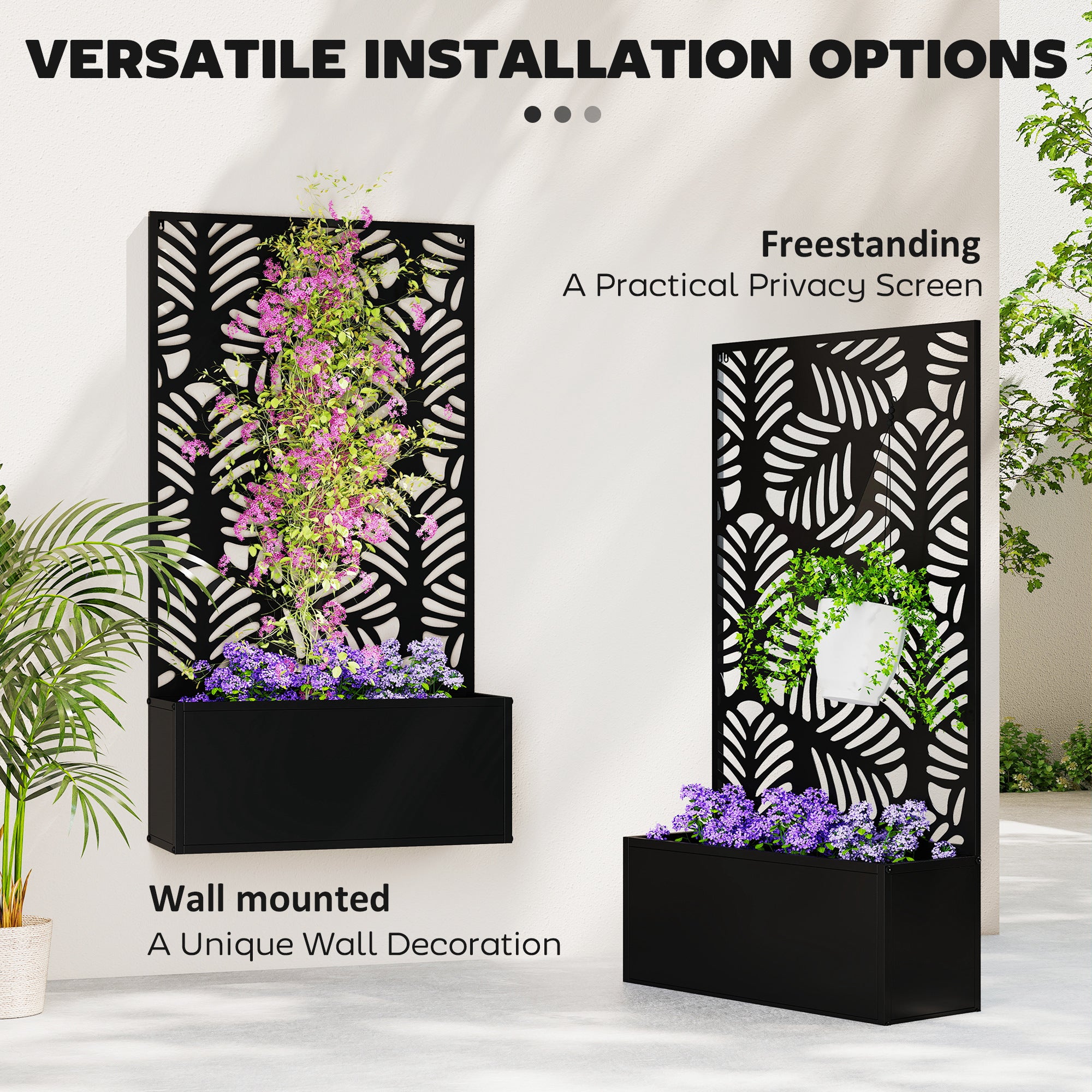 Outsunny Metal Garden Bed for Garden with Trellis, Wall Mounted or Freestanding Raised Planter with Privacy Screen 