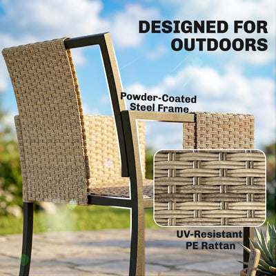 Outsunny 7 Piece Rattan Garden Furniture Set, Garden Dining Set with Wood-Plastic Table and 6 Stackable Chairs, Dark Grey 