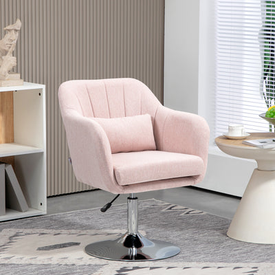 HOMCOM Swivel Linen Fabric Accent Chair for Living Room Contemporary Vanity Armchair with Adjustable Height Thick Cushion Lumbar Support Armrest for Bedroom Office Pink 