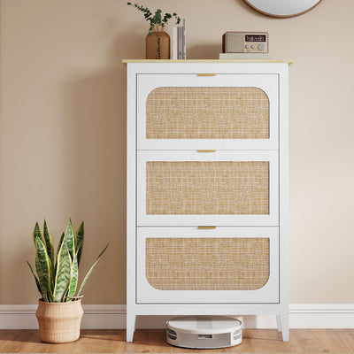 HOMCOM Narrow Shoe Cabinet, Boho Slim Shoe Storage Cabinet with 3 Flip Drawers, Holds 21 Pairs, White