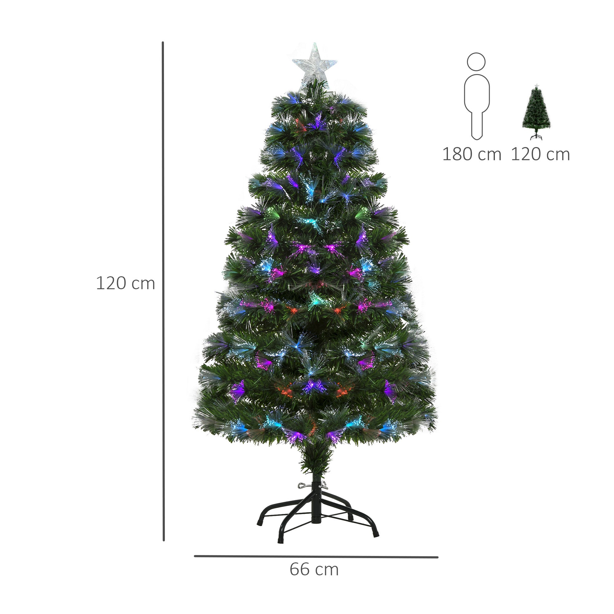 HOMCOM 4FT Multicoloured Artificial Christmas Tree w/ Fibre Optic Lights Pre-Lit Modes Metal Stand Star Holder Home Seasonal Decoration 