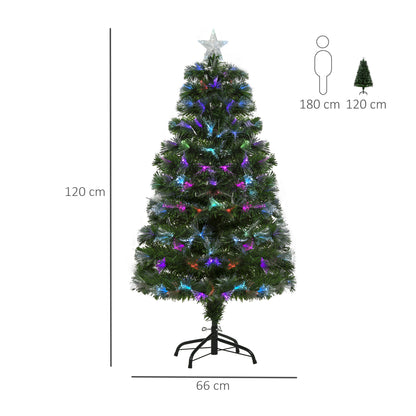 HOMCOM 4FT Multicoloured Artificial Christmas Tree w/ Fibre Optic Lights Pre-Lit Modes Metal Stand Star Holder Home Seasonal Decoration 