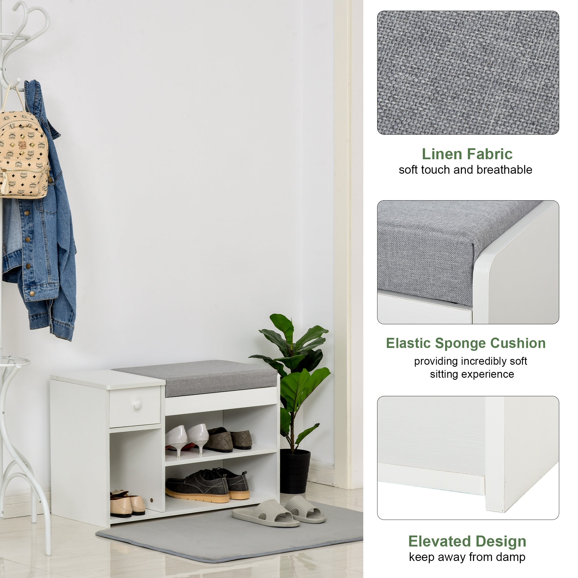 HOMCOM Multi-Storage Shoe Bench w/ Drawer 3 Compartments Cushioned Home Organisation Furniture Tidy Boots Hallway Entryway White 
