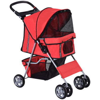 PawHut Pet Stroller for Small Miniature Dogs Cats Foldable Travel Carriage with Wheels Zipper Entry Cup Holder Storage Basket Red 