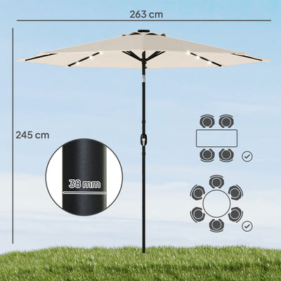 Outsunny 2.6 m Garden Parasol Umbrella with LED Solar Light, Parasol Cover, Outdoor Market Patio Umbrella, Cream White 