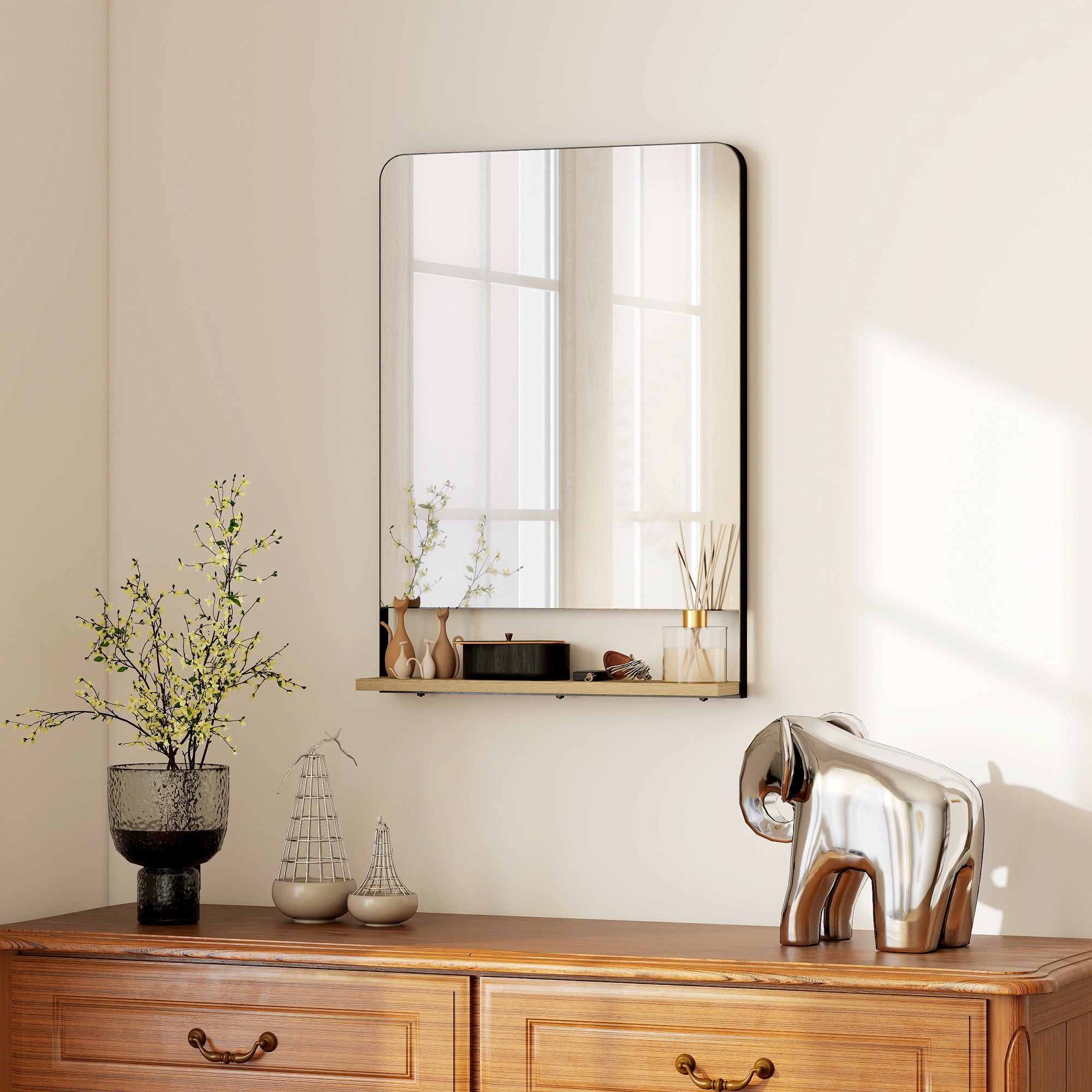 HOMCOM Wall Mirror with Wood Shelf - Black 