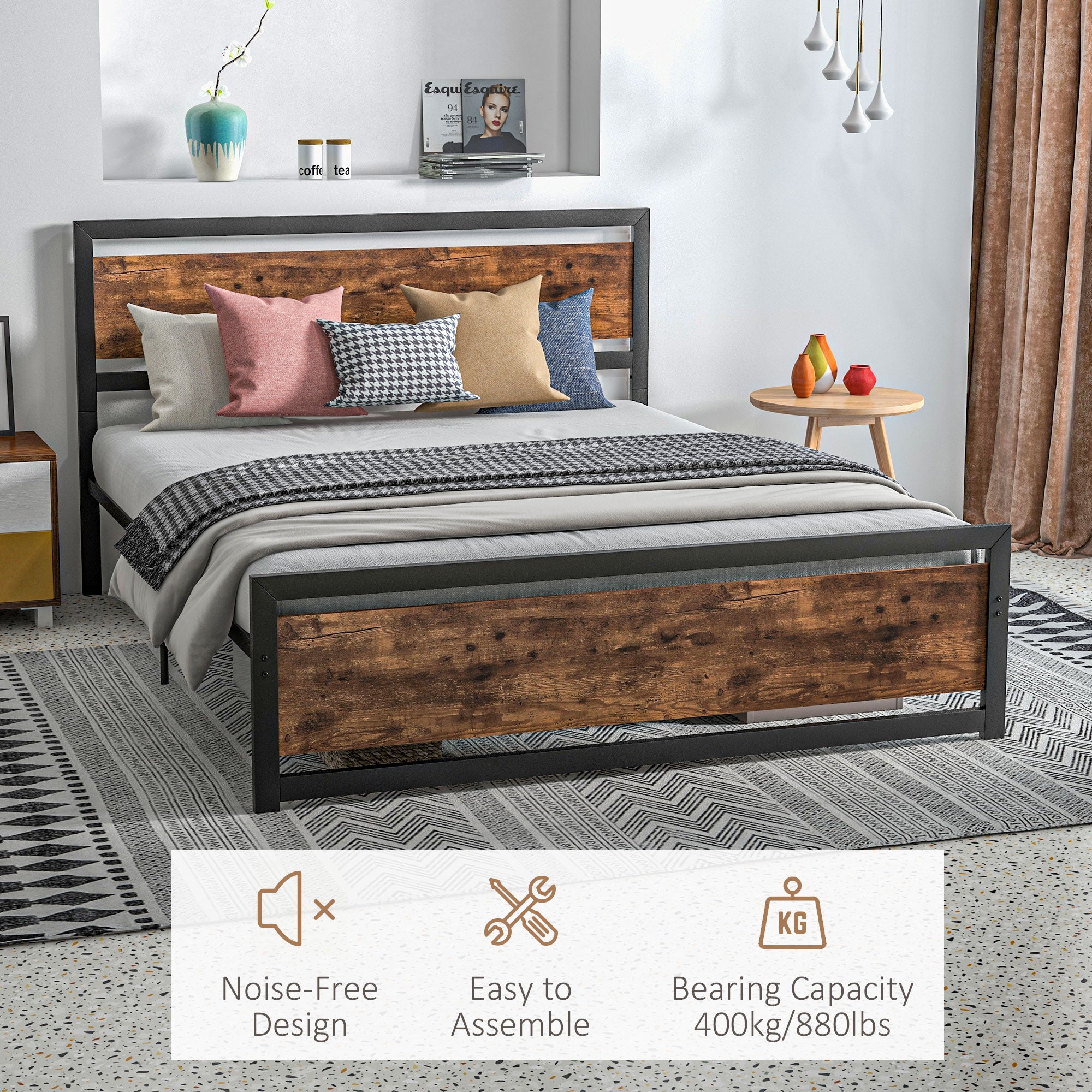 HOMCOM King Size Metal Bed Frame with Headboard & Footboard, Strong Slat Support Full Bed Frame w/ Underbed Storage Space, Bedroom Furniture For Adults 