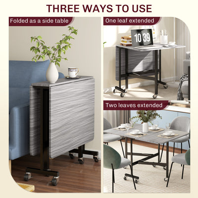 HOMCOM Six-Seater Drop-Leaf Dining Table, with Wheels - Grey Wood-Effect 