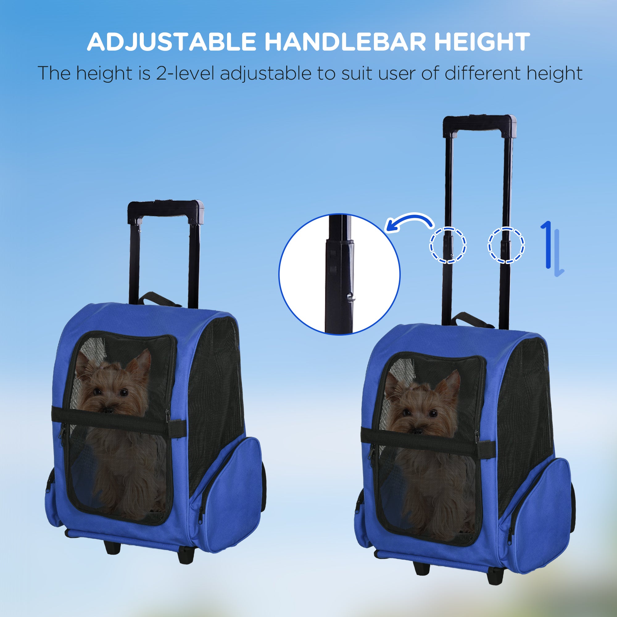 PawHut Pet Travel Backpack Bag Cat Puppy Dog Carrier w/ Trolley and Telescopic Handle Portable Stroller Wheel Luggage Bag (Blue) 