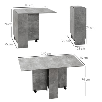 HOMCOM Folding Dining Table, Drop Leaf Table with 2-Tier Shelves, Rolling Casters, for Small Spaces, Kitchen, Cement Grey 