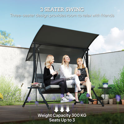 Outsunny 3 Seater Garden Swing Chair with Adjustable Canopy, Cushion and Coffee Tables for Outdoor Dark Grey 