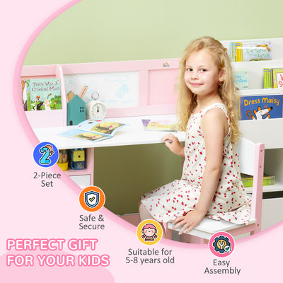 HOMCOM Kids Desk And Chair Set 2 PCs Childrens Table And Chair Set Multi Use Toddler Furniture with Whiteboard, Storage - Pink 