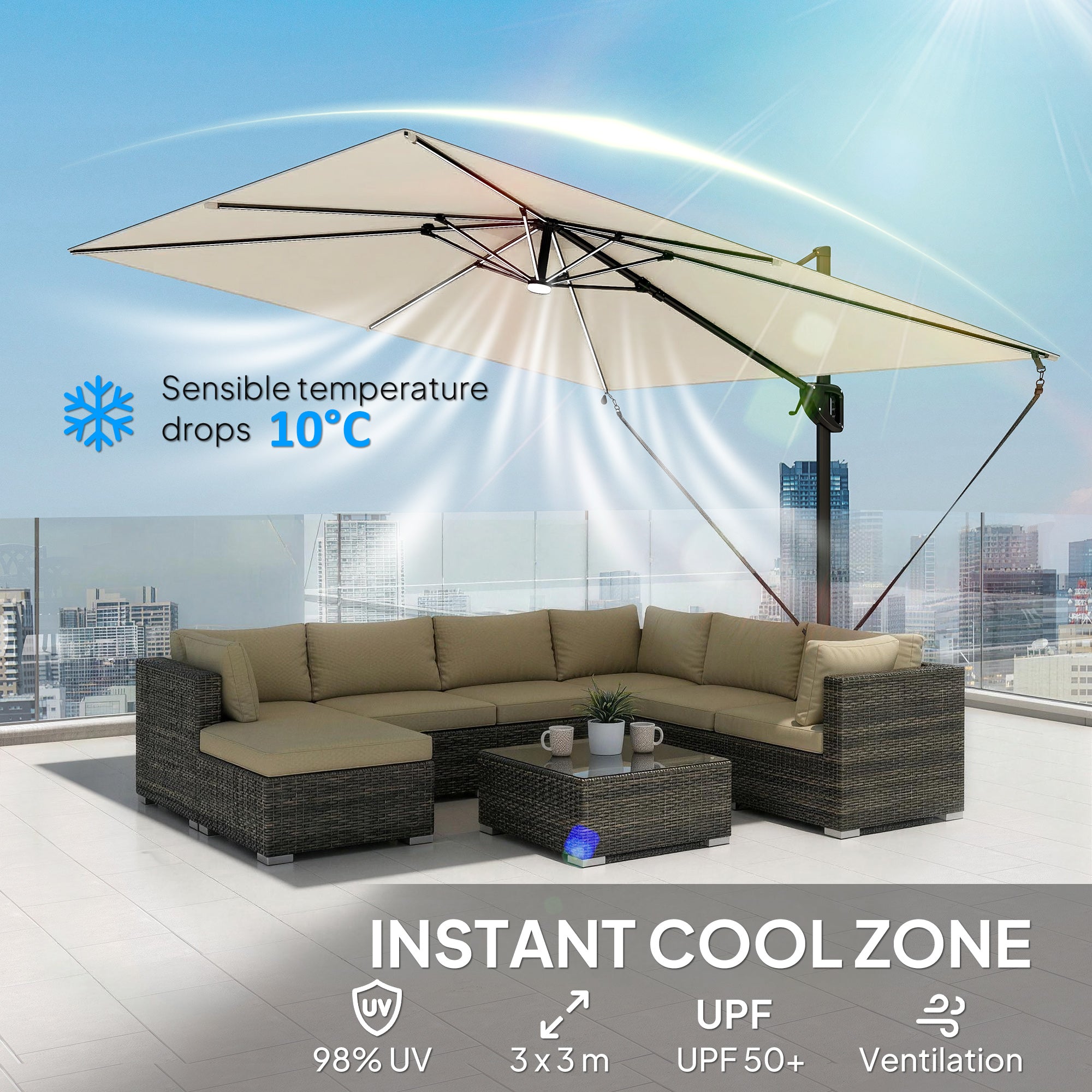 Outsunny 3 x 3 m Garden Cantilever Parasol w/ Light, Cover, UPF50+ Patio Umbrella w/ Wind Protection, 360° Rotation, Cream White 
