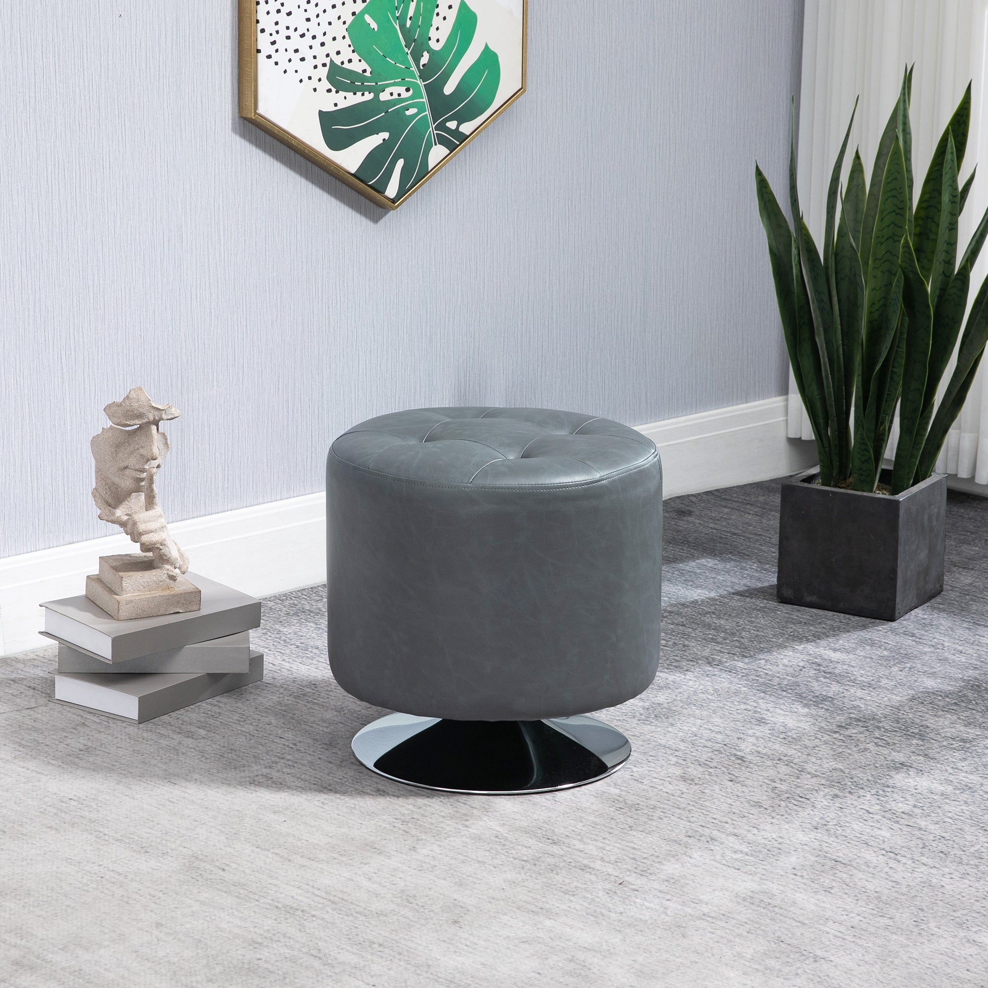 HOMCOM 360\'c2\'b0 Swivel Foot Stool Round PU Ottoman with Thick Sponge Padding and Solid Steel Base, Grey