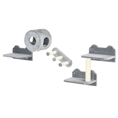 PawHut 4PCs Wall-Mounted Cat Tree, with Steps, Perch, Cat House - Grey 