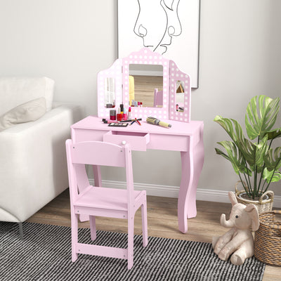 AIYAPLAY Kids Dressing Table Sets with Stool and Tri-Fold Mirror, Drawer for Playroom, Bedroom - Pink 